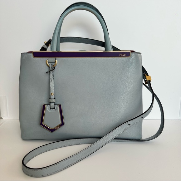 FENDI 2JOURS Vitello Elite Petite 2Jours Light Blue Charm Cuoio Saffiano Bag - Picture 1 of 16